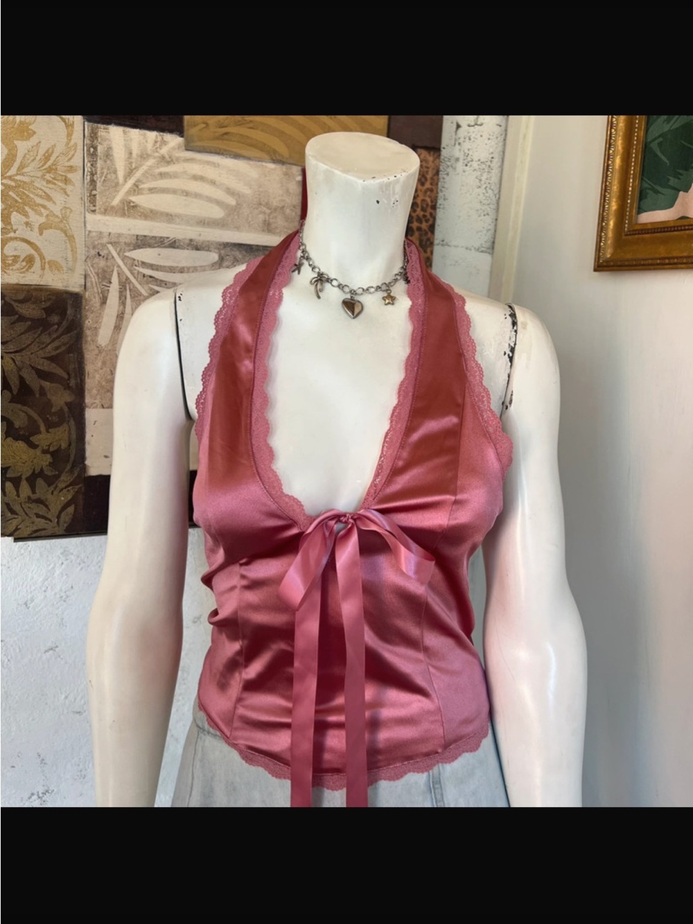 Satin Halter Tie-Front Camisole in Rose